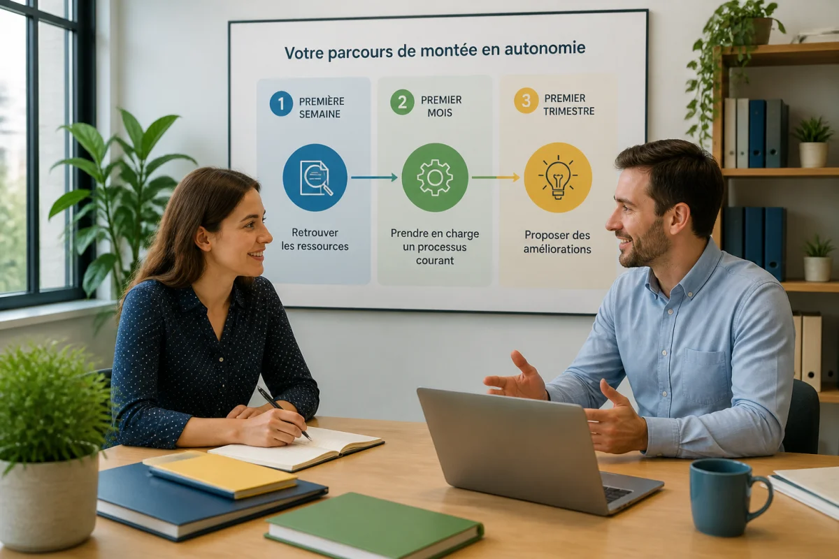 Nouvelle collaboratrice et manager planifiant un parcours d’intégration en trois étapes dans un bureau accueillant