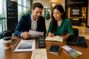 Deux collaborateurs préparent leurs déplacements professionnels à l’étranger dans le hall d’un hôtel international.