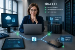 Responsable informatique vérifiant une sauvegarde automatique en entreprise selon la règle 3-2-1 dans une salle de serveurs modernes