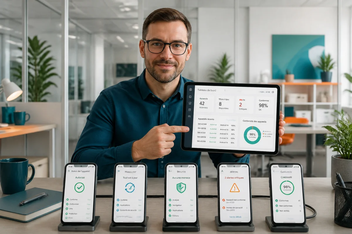 Responsable informatique supervisant la sécurité des smartphones en entreprise via une solution MDM centralisée sur tablette
