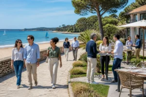 Groupe de collègues participant à une activité conviviale et inclusive en bord de mer lors d’un séminaire d’entreprise
