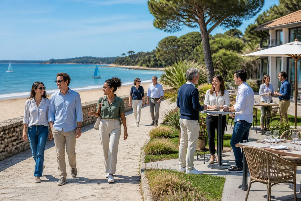 Groupe de collègues participant à une activité conviviale et inclusive en bord de mer lors d’un séminaire d’entreprise