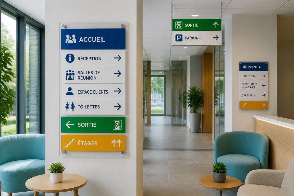 Signalétique d’entreprise efficace dans un hall contemporain, avec panneaux directionnels colorés, pictogrammes lisibles et flèches cohérentes.