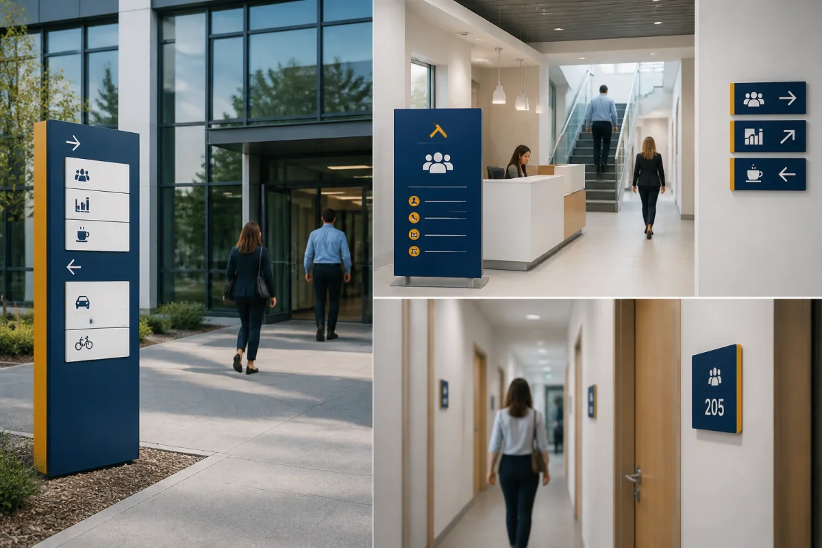 Signalétique d’entreprise efficace guidant les visiteurs de l’entrée extérieure aux bureaux avec enseigne, flèches et plaques directionnelles