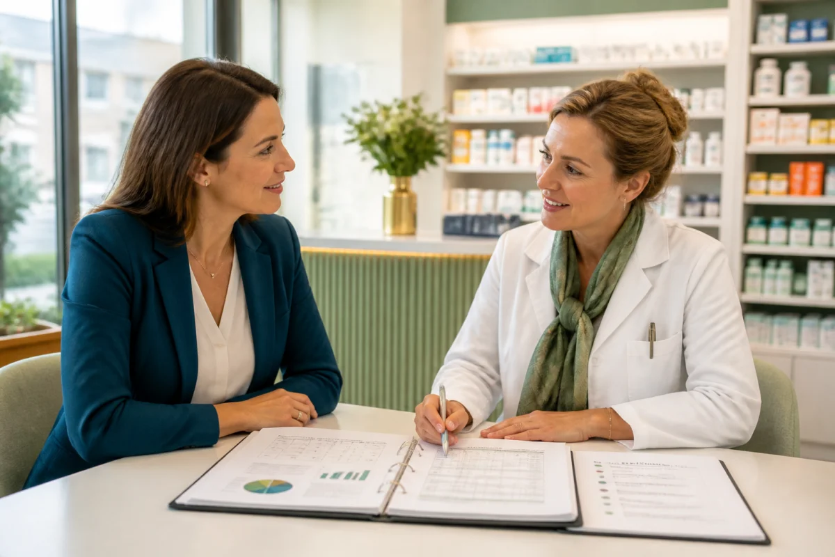 Conseillère et pharmacienne échangent autour d’un dossier de vente de pharmacies dans un espace professionnel lumineux