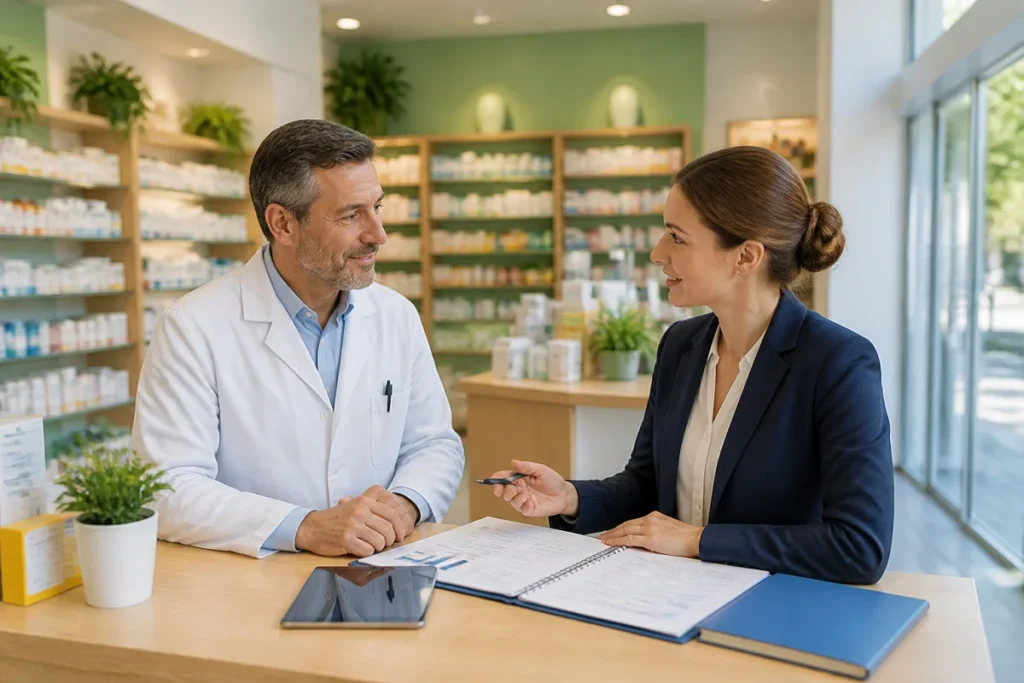 Pharmacien échangeant avec une conseillère sur la vente de pharmacies, documents de cession posés sur le comptoir d’une officine.