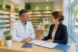 Pharmacien échangeant avec une conseillère sur la vente de pharmacies, documents de cession posés sur le comptoir d’une officine.
