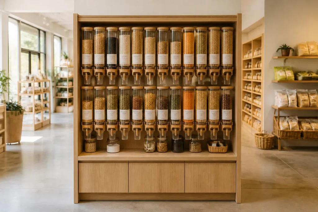 Mobilier Woodland Garden en bois naturel avec distributeurs de produits alimentaires en vrac dans un magasin chaleureux