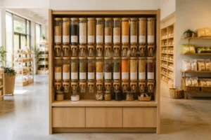Mobilier Woodland Garden en bois naturel avec distributeurs de produits alimentaires en vrac dans un magasin chaleureux